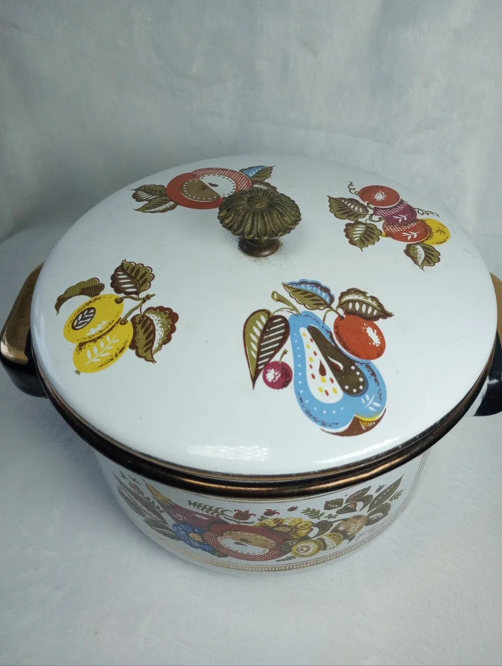VTG George's Briard Cottage Granny Metal Enamel Coated Pan Fruit Pattern 2-6 Qt